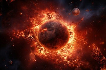 Wall Mural - colossal volcanic planet with active lava-filled surface and fiery eruptions.