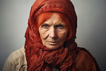 Wall Mural - Portrait of a elderly woman with red hair, wearing traditional clothes and headscarf