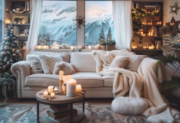 Poster - A cozy living room with a white sofa, a large window with a winter view outside, candles on the coffee table