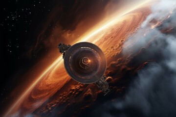 Wall Mural - space probe capturing close-up images of a gas giant planet's swirling storms.