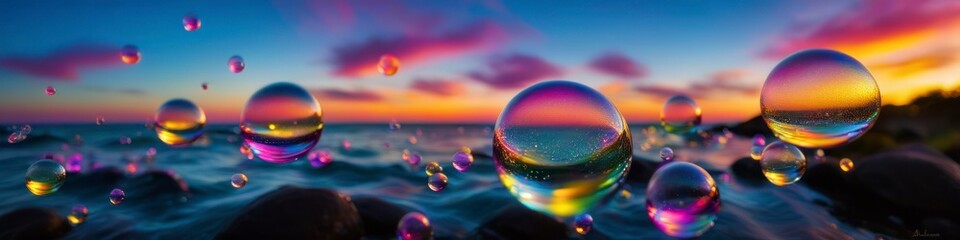 Wall Mural - Abstract colorful illustration transparent soap bubbles flying on sea sunset background. Background for banner, poster, website header, space for text.	
