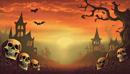 Wall Mural - halloween themed movie poster art with skulls and demons red colors