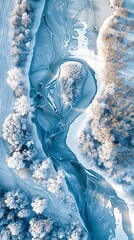 Poster - Frozen river in a snowy landscape, soft morning light, aerial view, crystal clear detail 