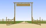 Fototapeta  - Open the old wooden gate of the farm of the American Wild West with a hanging sign and a fence against the background of the sunlit summer landscape. Vector illustration