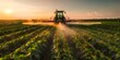 Embracing Agricultural Production: A Tractor Spraying Pesticide on a Soybean Farm Under a Beautiful Sky. Concept Agricultural Production, Tractor Spraying Pesticide, Soybean Farm, Beautiful Sky