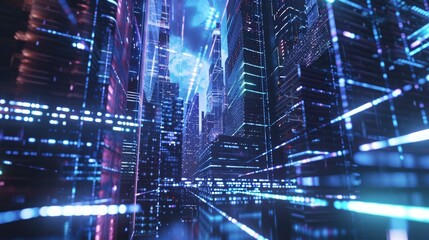 Wall Mural - A cityscape with a blue sky and a few clouds. The city is lit up with neon lights and the buildings are tall. Scene is futuristic and modern