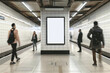  Blank billboard mock up in a subway station with walking people, underground interior. Urban light box inside advertisement metro vertical