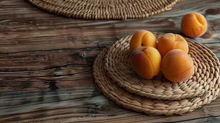 Wall Mural - apricots with green leaf isolated on white background ,Sweet apricots in basket with leaves on wooden background
