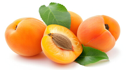 Wall Mural - Tasty ripe apricots on white background ,ripe sweet apricots with green leaves isolated on white
