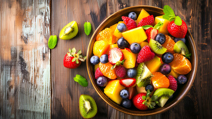 Wall Mural - Delicious fresh fruit salad in bowl on wooden table, top view. Space for text
