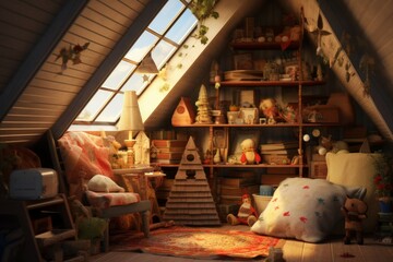 Whimsical cottage attic with vintage treasures and cozy reading nook