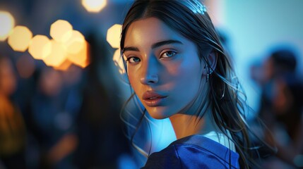 Wall Mural - Serene Glance in Neon Nightlife, young woman, clad in blue, offers a soft gaze amidst the vibrant blur of a bustling night scene, exuding a tranquil presence