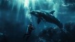 A serene encounter between a scuba diver and a majestic whale under the ocean's surface, highlighted by rays of sunlight.