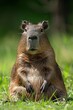 One small capybara. Hydrochoerus hydrochaeris. Basking in the sun on a green lawn. Relaxed capybara in a natural setting.