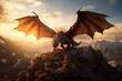 Fierce dragon perched on mountaintop with wings spread wide.