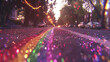 A street with cars and a rainbow of colors. The street is covered in glitter