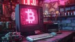 Vintage 80s computer with Bitcoin symbol on screen, surrounded by old coins, neon glow
