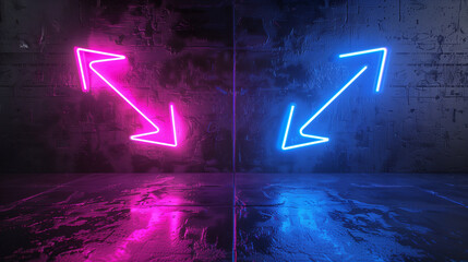 two neon bidirectional arrows of pink and blue colors on a dark wall on which their light is reflected