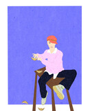Fototapeta Las - Ilustracja młody człowiek w czapce siedzący na ławce puszczający papierowe statki w powietrzu.