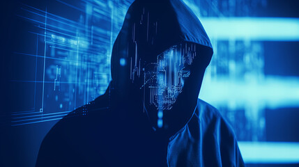 mysterious hacker in hoodie engaging in cybercrime activities at night, blue digital data across the