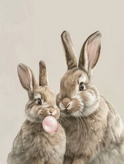 Wall Mural - two bunnies with balloon. AI Generative
