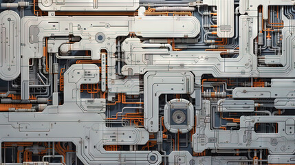 Poster - Background with metallic panels texture, wires and circuit. Spaceship hull wall technology background.