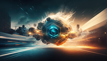 Aufkleber - Colorful explosion of sci-fi engine and particles. Technology abstract with scientific device blast.