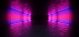 Fototapeta Perspektywa 3d - Futuristic Sci Fi Glowing Hologram Show Club Stage Dots Lasers In Concrete Hexagon Tiled Room Tunnel Garage Hangar VIbrant Purple Blue Background 3D Rendering