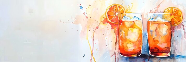 A painting of two glasses of orange juice with ice cubes in them