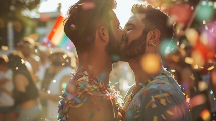 Beautiful gay men couple kissing and celebrating on pride parade, Vogue magazine style photo, blurred background