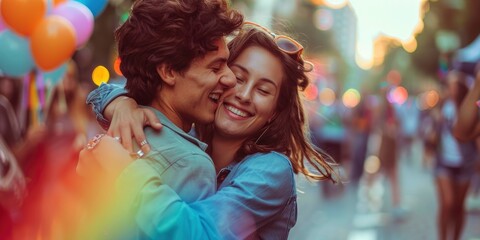 Beautiful transsexuals couple hugging and celebrating on pride parade, Vogue magazine style photo, blurred background