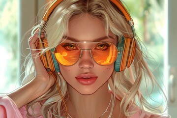 Wall Mural - Cartoon cute girl with sunglasses and headphones