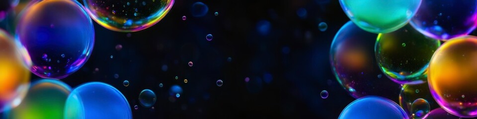 Wall Mural - Abstract frame template of multicolored translucent bubbles on dark background. Background for banner design, poster, website header, place for text.	