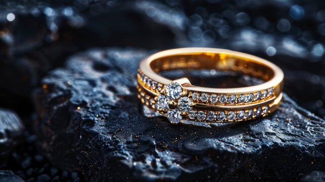Exquisite gold wedding ring with diamonds close up shoot on black stone abstract background, professional studio photo