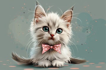 Wall Mural - Animated cartoon kitten with a pink bow against a dots background.