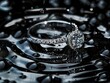 Exquisite silver wedding ring with diamonds close up shoot on black water abstract background, professional studio photo