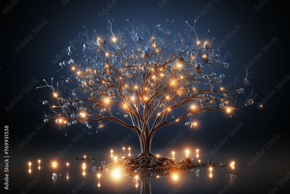 Generative AI illustration of model of human brain tree with glowing ...