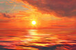 A painting of a sunset with a sun in the sky and a body of water