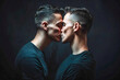 portrait of beautiful happy cheerful gay couple kissing on dark background