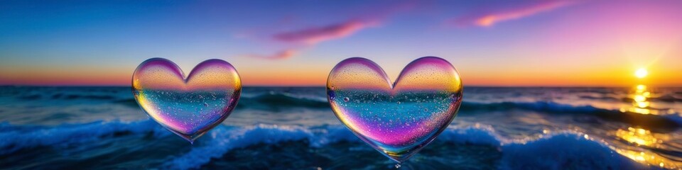 Wall Mural - Abstract colorful illustration transparent heart shaped soap bubbles flying on sea sunset background. Background for banner, poster, website header, space for text.