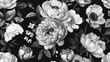 a floral vintage seamless pattern, featuring blooming peonies, roses, tulips, garden flowers, decorative herbs, and leaves against a classic black and white background. SEAMLESS PATTERN