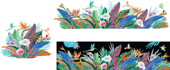 Wall Mural - Tropical jungle plants, flower and hummingbirds