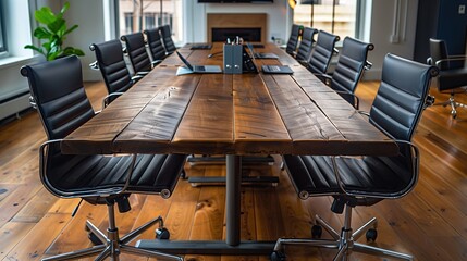 Wall Mural - Interior of modern conference room with wooden floor and black armchairs. 3d render