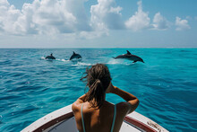 Young Girl Stands On The Bow Of The Ship And Looks Into The Water From Which Dolphins Jump. Summer Holidays In Exotic Places