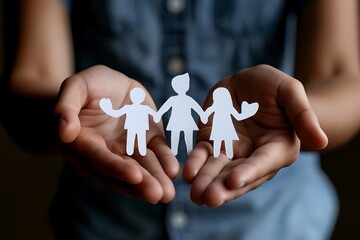 A person is holding three paper cutouts of children