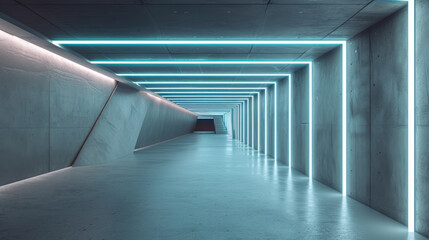 Modern concrete tunnel with lines of led light, abstract dark garage background. Theme of studio, hall, room interior, perspective,