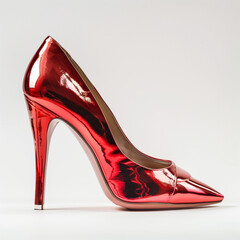 A single glossy red high-heeled stiletto shoe isolated on a white background, symbolizing fashion and femininity