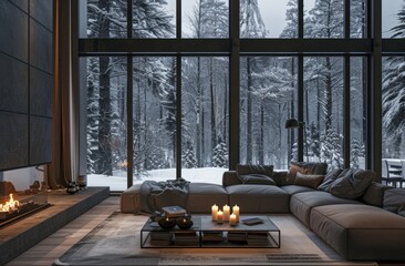 Poster - A large living room with floor-to-ceiling windows, a sofa and fireplace, a grey color scheme, soft lighting from candles on the coffee table in front of it, snow outside