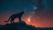Against the backdrop of a star-studded sky, a realistic robotic cat companion stands sentinel on a rocky 