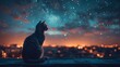 Against the backdrop of a starry sky, a robotic cat sits perched on a rooftop,